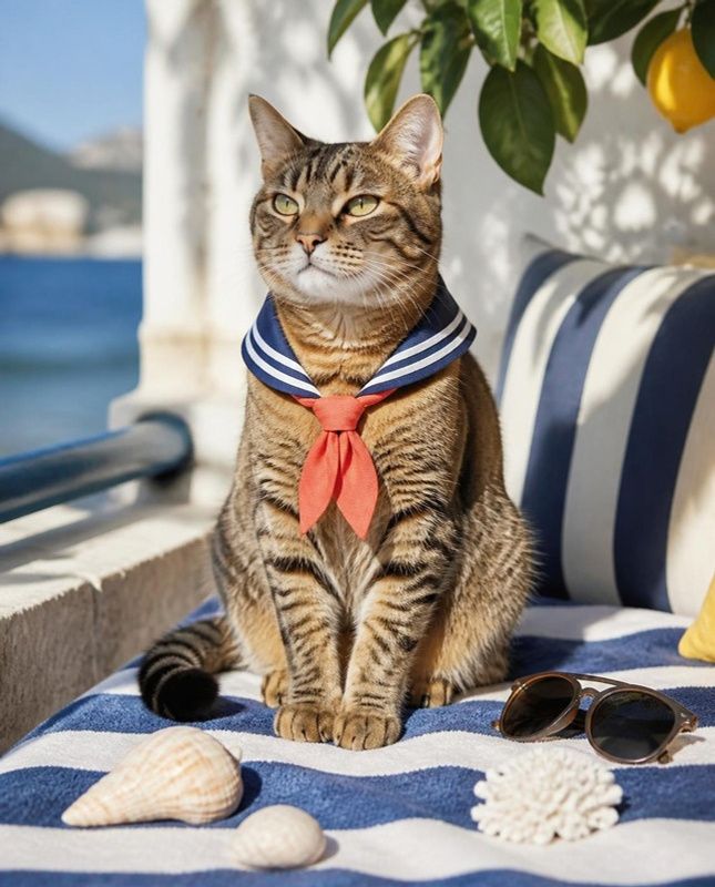 Tabby cat in a striped sailor collar with coral tie